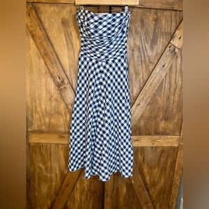 EUC Ladies Ralph Lauren Purple Label Navy Gingham Strapless Midi Dress